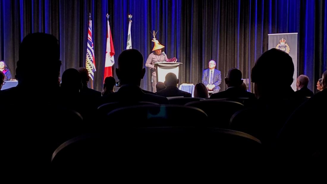 Semiahmoo First Nation Chief Harley Chappell, Police Board Chair Doug McCallum on stage