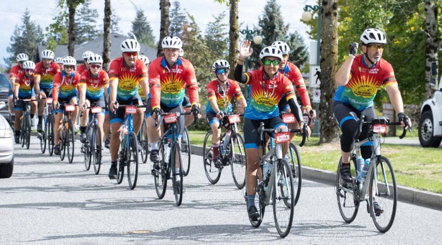 Cops for Cancer riders arriving at Surrey detachment